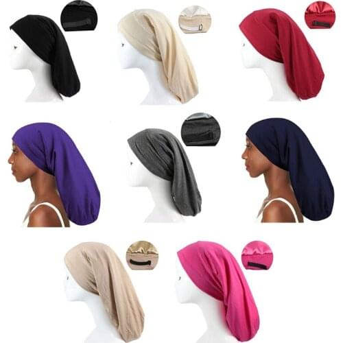 Adjustable Wide Brim Hair Care Cotton Sleep Bonnet Satin Lining Sleep Hair Long Tail Hat Turban Hat All-match