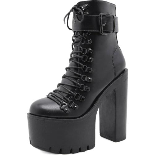 2021Fashion Motorcycle Boots Women Leather Spring Autumn Metal Buckle High Heels Shoes Zipper Black Ankle Boots Woman Lacing