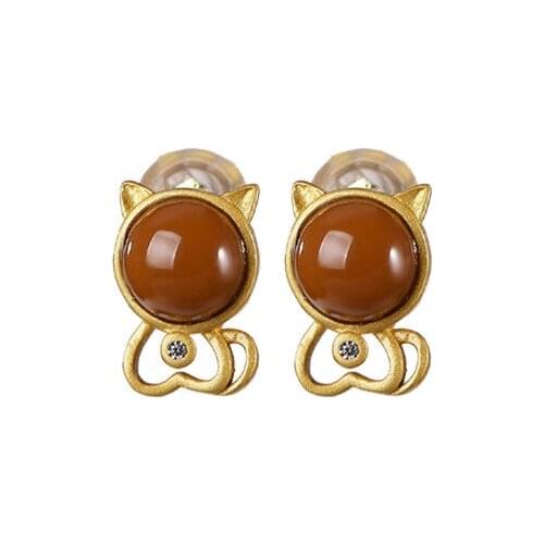 S925 sterling silver gold plated Southern red agate Ear studs Personality Cute All-matching Kitten Cat Womens earrings