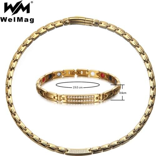 WelMag Trendy Gold Stainless Steel Crystal Charm Necklace Bracelets for Women Magnetic Negative ion Jewelry Sets Blood Pressure