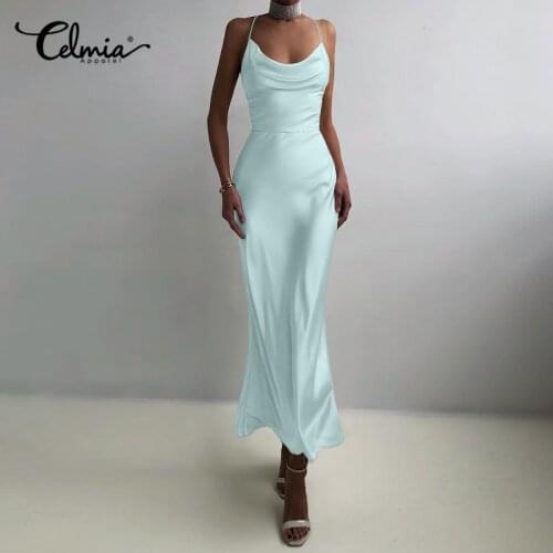 2021 Summer Sundress Celmia Women Elegant Satin Sexy Spaghetti Strap Maxi Dress Party Hollow Backless Club Vestidos
