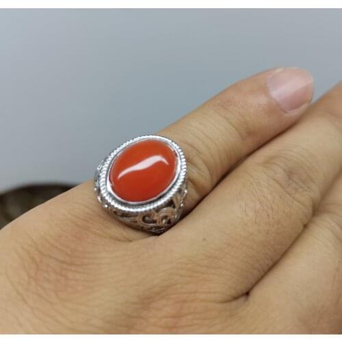 100% 925 Silver Men Ring with Red Natural Agate Stone 925 Sterling Silver Vintage Enamel Rings for Women Male Gift