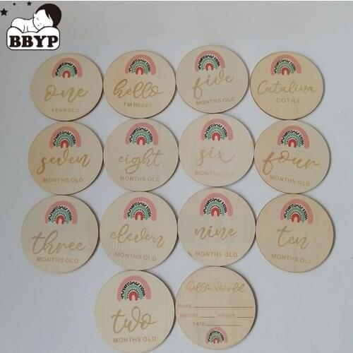 14Pcs Wooden Rainbow Newborn Baby Milestone Cards Baby Birth Monthly Recording Cards Commemorate Newborn Photography Props