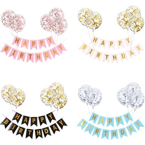 6Pcs Rose Gold Confetti Latex Balloons with Happy Birthday Letter Banner Garland Kids Birthday Party Decoration Baby Shower