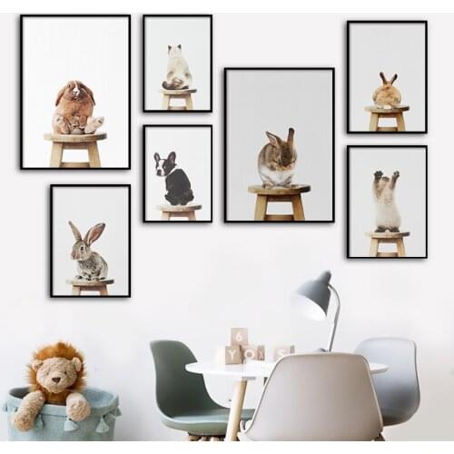 Baby Animal Stand On Chair Poster Rabbit Dog Cat Canvas Painting Nursery Wall Art Nordic Picture Kids Room Decoration