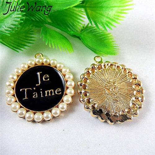Julie Wang Wholesale 2PCS Enamel Black French "I Love You" Alloy Gold Tone Plastic Pearl Charms Pendant Jewelry Making Accessory