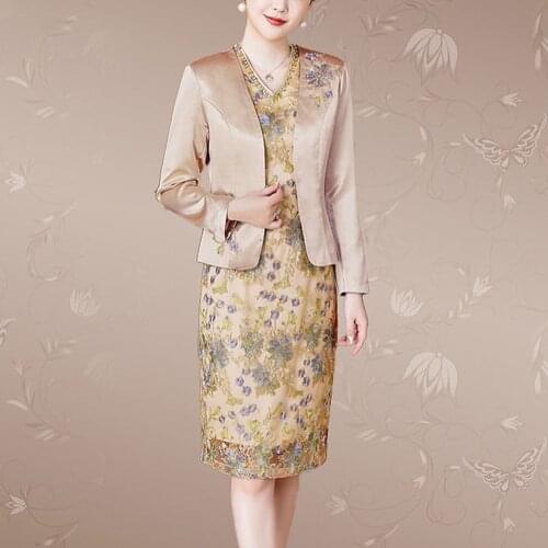 Elegant 2 Pieces Mother Of The Bride Dress With Jacket Satin Lace Beading Knee Wedding Party Mother Evening Gowns Champagne Gold