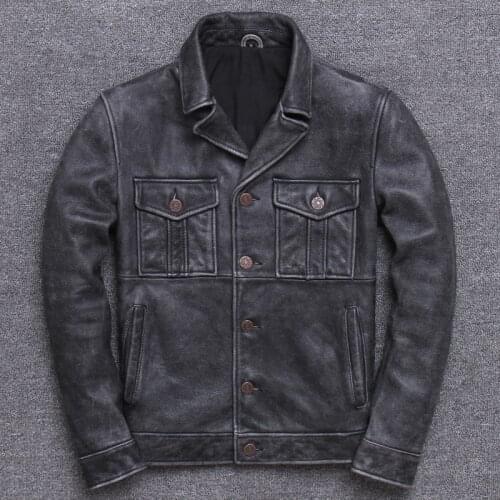 Jianlou Head Layer Cowhide Genuine Leather Clothing Mens Wash Wear Used Leisure Time Lapel Skin Loose Coat Single Real