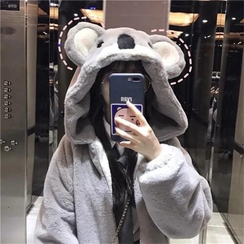 E-girl jacket Siza girl cute bear ear plush jacket female autumn and winter Korean loose student warm cardigan sweater kawaii