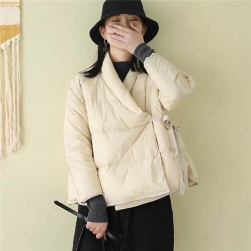 Retro literary new style slant-breasted light down jacket women winter short loose bread jacket