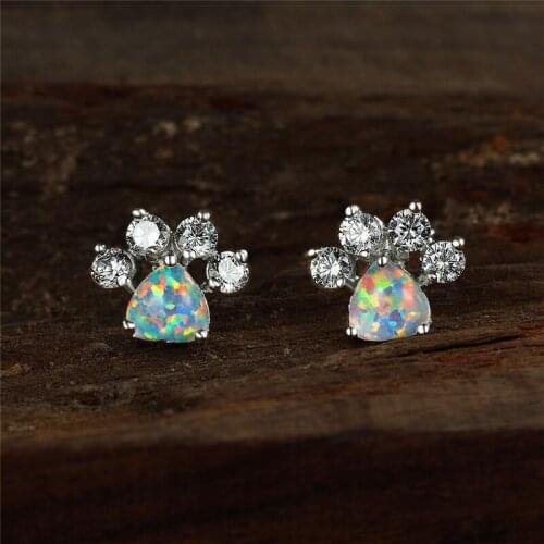 Cute Female Cat Paw White Opal Earrings Classic Silver Color Small Stud Earrings For Women Trendy Round Zircon Wedding Jewelry