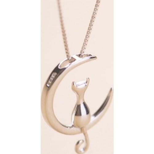 Fashion Cute Animal Cat Moon Pendant Necklace Charm Gold Silver Color Box Chain Necklace Kitten Pet Lucky Jewelry For Women Gift