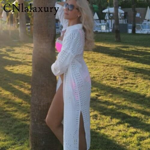 CNlaalxury 2021 New Chic Embroidery Midi Dress Women long Sleeve Hollow Out Beach Dresses Ladies Elegant Robe White Cotton Dress