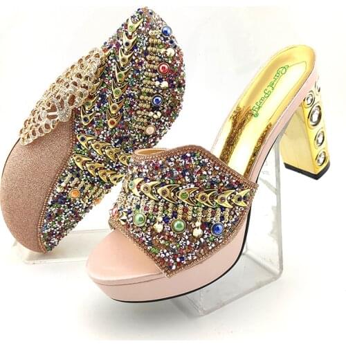 New Arrival Hot Selling Peach Color Crystal Italian Design Elegant Noble Style Ladies Shoes and Bag Set for Party