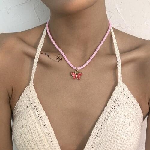 Pink Rice Beads Beaded Necklace for Women Red Butterfly Pendant Necklaces Female Clavicle Chain Short 2021 Fashion Jewelry