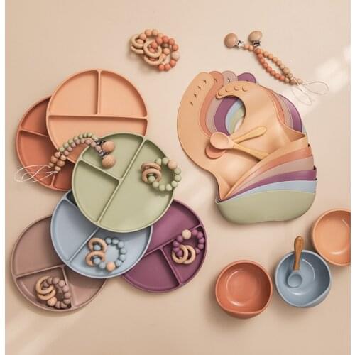 6pc/Set Baby Feeding Set Silicone Non-slip Suction Bowl Sippy Cup Fork Spoon Bib BPA Free Solid Food Tableware For Children