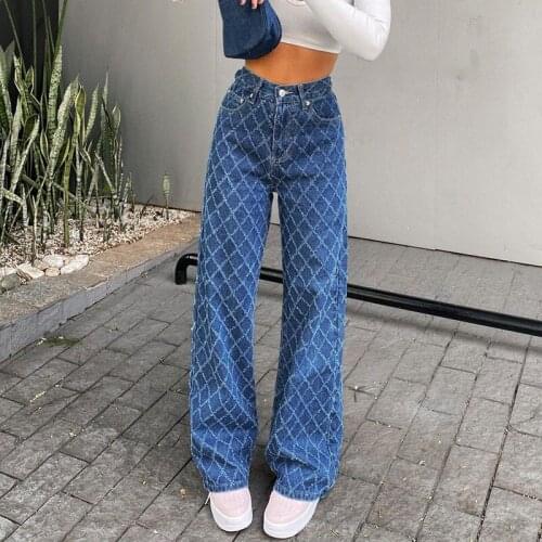 Casual Woman Jeans Straight High Waist Pants Frill Plaid Fashion Long Denim Trousers Streetwear Y2k Pants