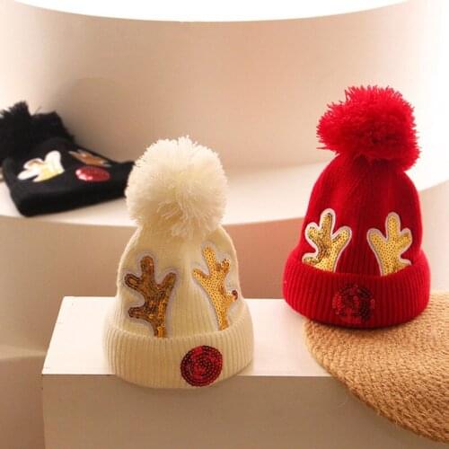Christmas Infant Baby Girls Boys Ski Snow Cap Woolen Knitted Hats Sequins Antler Patterns Winter Keep Warm Pompom Beanie Hat