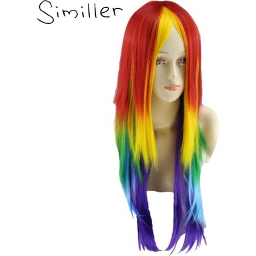Similler 26" Long Cosplay Rainbow Synthetic Wigs Capless Multi Color Heat Resistant Hair for Party