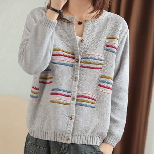 WANWANAPRCOT Spring and Autumn New Women Knitted Sweater 100% Pure Cotton Round Neck Loosee Cardigan Printed Top Korean Jacket