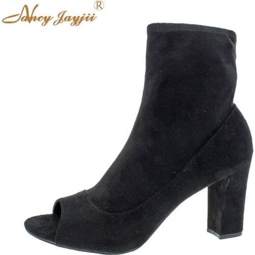 Flock Women Adult Boots Ladies Shoes Ankle Zipper Peep Toe Super High Square heels Mature Concise Fashion Sexy Nancyjayjii 2019