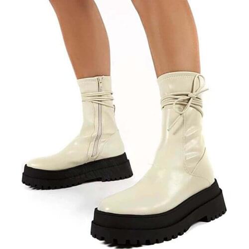 Womens Platform Mid Calf Boots Ladies Soft Leather Flat Woman Zip Sewing Footwear Women Lace Up Fashion Autumn Winter Shoes