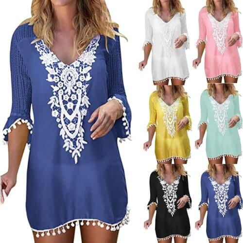 Women plus size Breathable one piece Swimwear V Neck hollowed-out lace Bohemian Swimsuit Swimwear Beach Cover Up