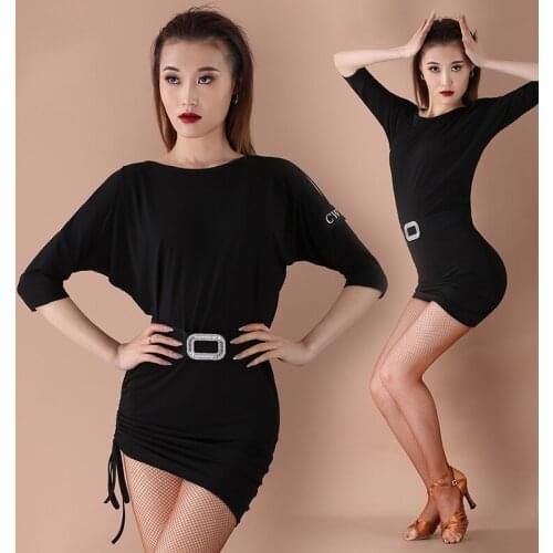 New Latin Dance Dress Women New Bat Sleeve Drawstring Black Dress With Belt Sexy Training Suit Samba Rumba Dance Costume BL5350