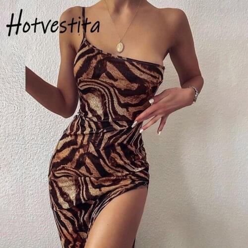 Hotvestita 2021 Summer Sexy One Shoulder Asymmetrical Backless Print Slip Dress Bodycon High Split Party Club Women Maxi Dresses