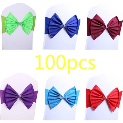 100 Pcs Wedding Chair Sash Crystal Bow Chair cover Band Lycra Elastic Spandex Cover Chair Sashes Event Party