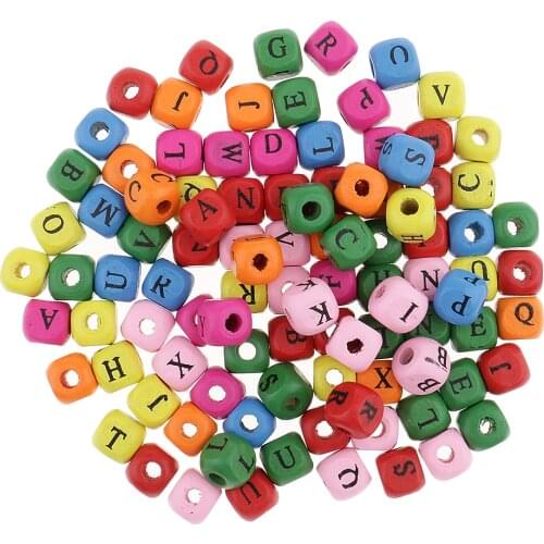 100 Pieces Multicolor White Wooden Alphabet Letters Cube Beads for Kids DIY Crafts 10mm