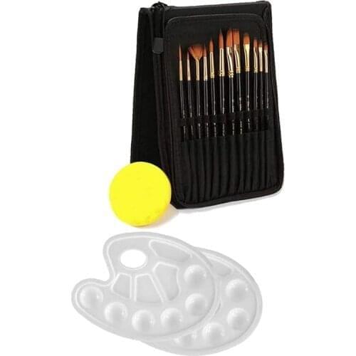 15Pcs Paint Brush Set with 12 Brushes Sponge and Palette for Watercolor Oil Acrylic Painting