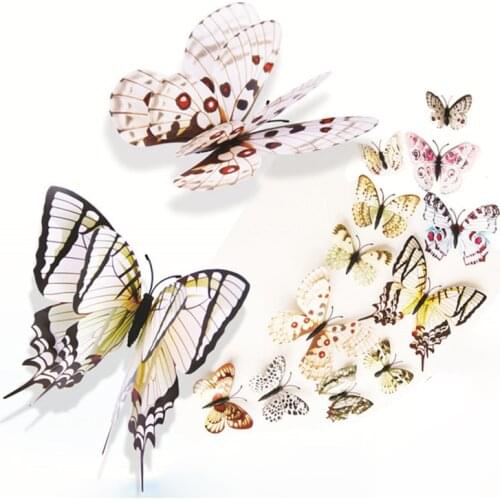 12pcs/lot Plain color 3D stickers Simulation butterfly double wings Modern home decor Background wall painting Magnetic+Glue