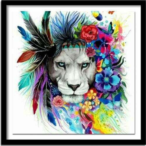 Diamond painting Cross stitch Diy Diamond embroidery Garland Lion round drill Diamond pasted Needlework Lion wearing flowers