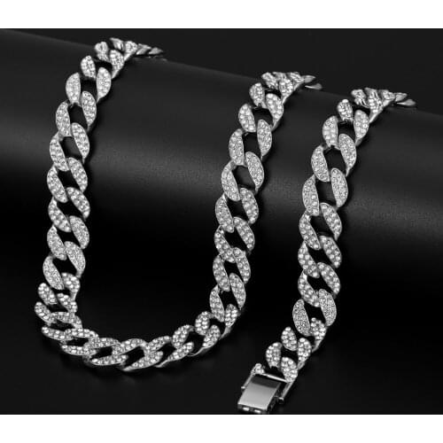 Hip Hop Iced Out Paved Rhinestones 1Set 13MM Silver Color Full Miami Curb Cuban Chain CZ Bling Rapper Necklaces For Men Jewelry