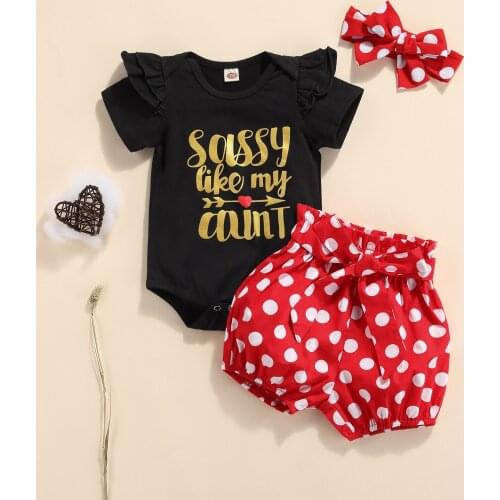 FOCUSNORM Newborn Baby Girl’s Clothes Sets 3pcs Sweet Letter Printed Romper Polka Dot Shorts Headband 0-18M