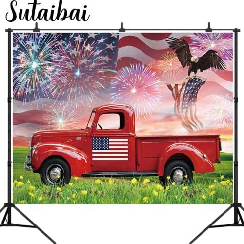 4th of July Backdrop Independence Day Patriotic Veterans American Flag Truck Eagle Background USA Freedom Memorial National Prop