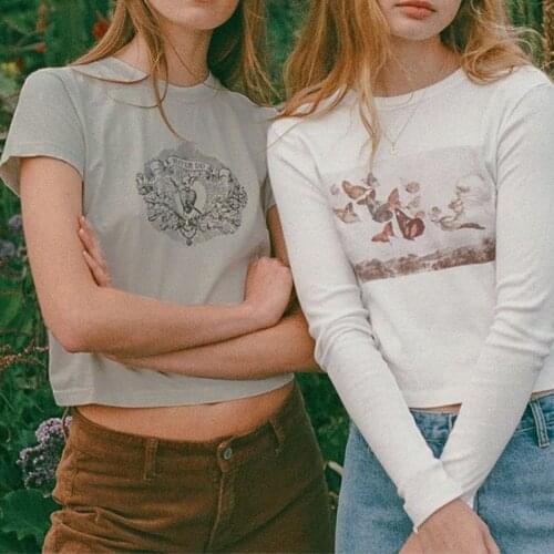 Vintage Floral Print Sexy Tee Shirt Women Harajuku Casual Round Neck Short Sleeve T-shirts Summer Boho Pattern Cotton Tops 2021