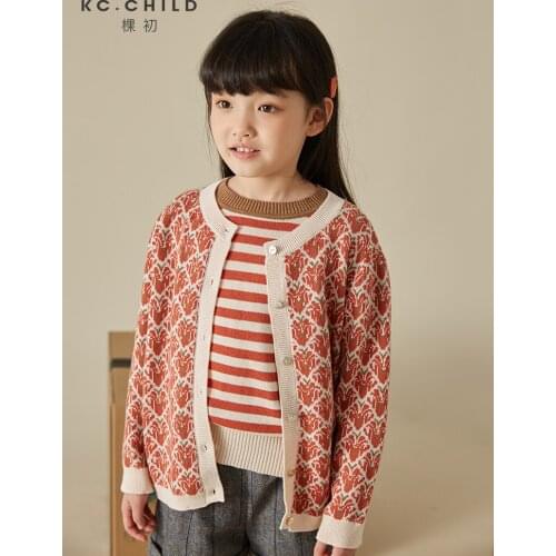 KC.Child Girls Cardigan Kids Sweater Babys Knitted Top Soft Warm Cotton Jacquard Childs Clothes Orange Vintage Style Age2-12Y