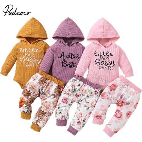 Infant Newborn Baby Girl Clothes Set, Letter Print Long Sleeve Hooded Jumpsuit + Floral Print Trousers Spring Autumn