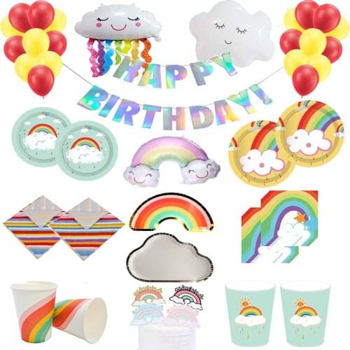 Colorful Rainbow White Cloud theme Disposable Tableware Paper Plates Cups Wedding Kids Birthday Decor Baby Shower Party Supplies