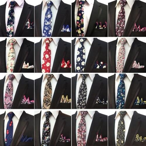 Mens Cotton Floral Necktie Pocket Square Men Tie Handkerchief Set High Quality BWTHZ0148
