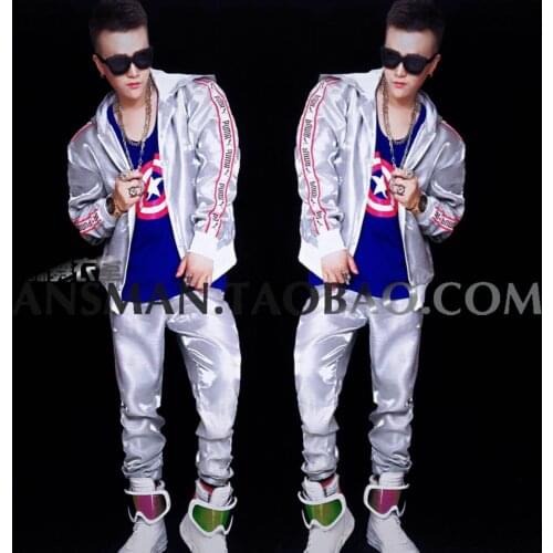 Nightclub Bar DJ Male Singer DS GOGO Tide Brand Symphony Silver White Hip Hop Baseball Uniform Costume Suit Carnival Party