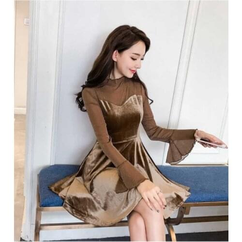 2021 New Mesh Dress Women Long Sleeve Sexy Velvet Tube Dress Elegant Black Mini Party Dresses Ruffles Elegant Ladies Clothes