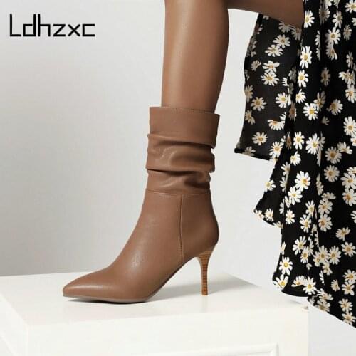 LDHZXC New Brand Women Boots Fashion High Heels Ankle Boots Faux Leather Spring Autumn Pointed Toe Boots Winter Boots