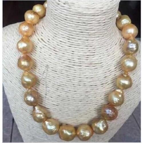 HUGE 18"16-19MM NATURAL SOUTH SEA GENUINE GOLD NUCLEAR PEARL NECKLACE
