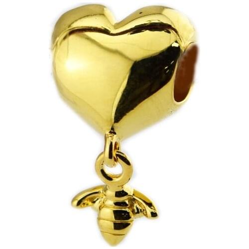 Heart Dangle Bee Charm 925 Sterling Silver Bead Yellow Enamel Fits DIY Women Bracelets Jewelry Making