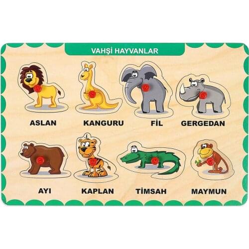 Educational Puzzle Wild Animals with Wooden Handle child development intelligence developer lion kangaroo elephant monkey bear