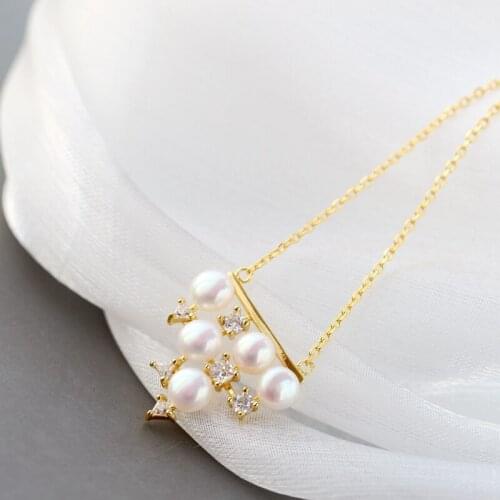 Real 925 Sterling Silver Inlaid Rhinestone Fashion Women Natural Pearl 18K Gold Plated Necklace Wedding Party Jewelry Gift
