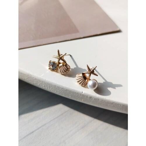 S925 needle Metal Shell Earrings Trendy Jewelry Golden Plating Simulated Pearl Clear Crystal SeaStar Stud Earrings For Women